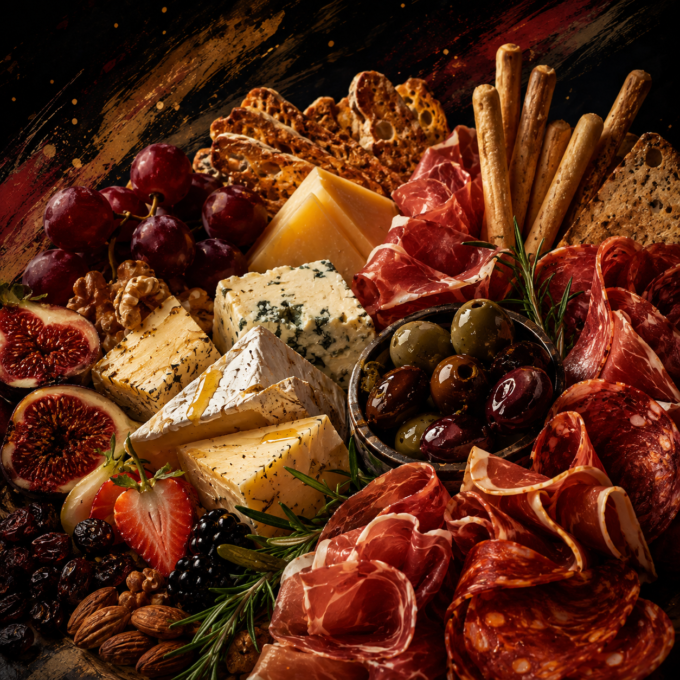platters new - Lincoln Jazz Cafe Charcuterie board with an assortment of cheeses, cured meats, olives, grapes, figs, nuts, breadsticks, and rosemary sprigs on a rustic platter.