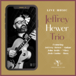 Promotional poster for a live music night: Jeffrey Hewer Trio at Lincoln Jazz Café, with a black-and-white photo of a guitarist inside a smartphone frame on the left.
