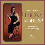 Poster advertising Ebony Mariesa live music at Lincoln Jazz Café; woman in a black sequined dress holds a microphone on a stool, with event details on the right.