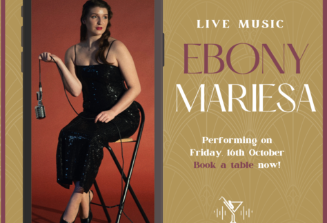 Poster advertising Ebony Mariesa live music at Lincoln Jazz Café; woman in a black sequined dress holds a microphone on a stool, with event details on the right.