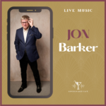 Promotional poster for Lincoln Jazz Café featuring Jon Barker; man in a navy blazer on a phone frame with 'Live Music' text.